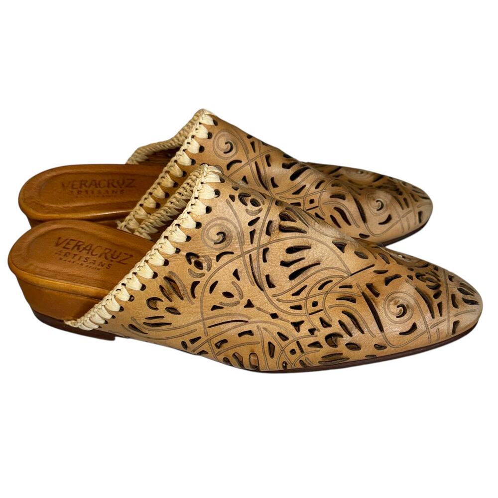 Veracruz Leather Tan Laser-Cut Mule Clogs with Braided Trim